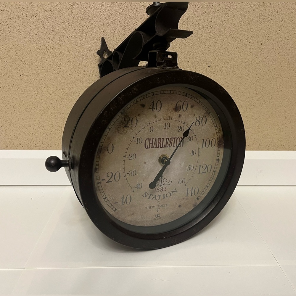 Double-sided vintage Charleston train clock and thermometer wall hanging